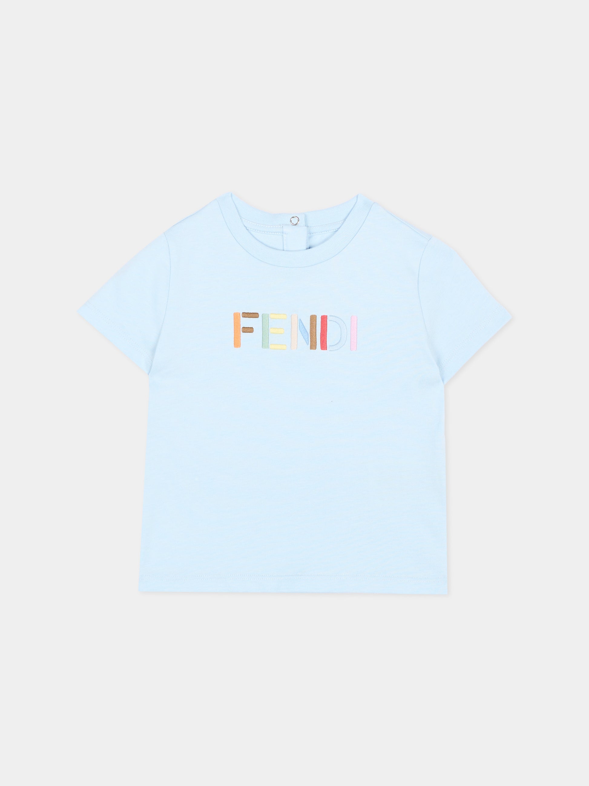 T-Shirt celeste per neonato con logo,Fendi Kids,BUI119 AY8D F0EX7