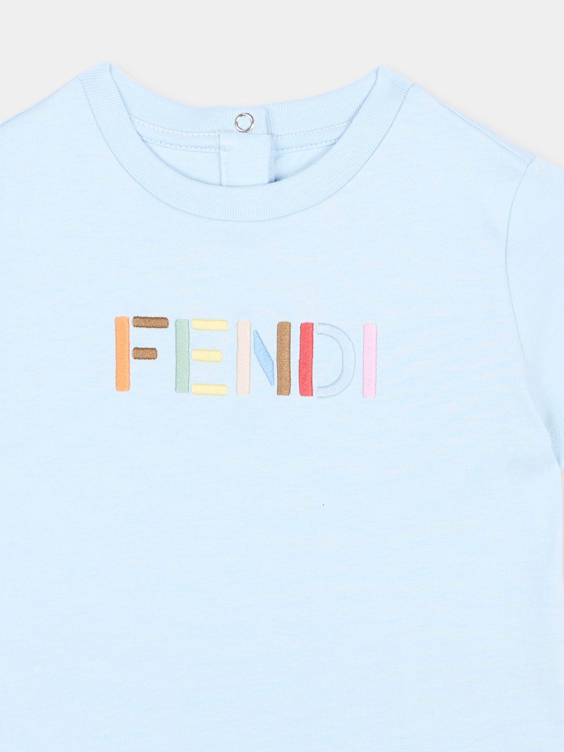 T-Shirt celeste per neonato con logo,Fendi Kids,BUI119 AY8D F0EX7