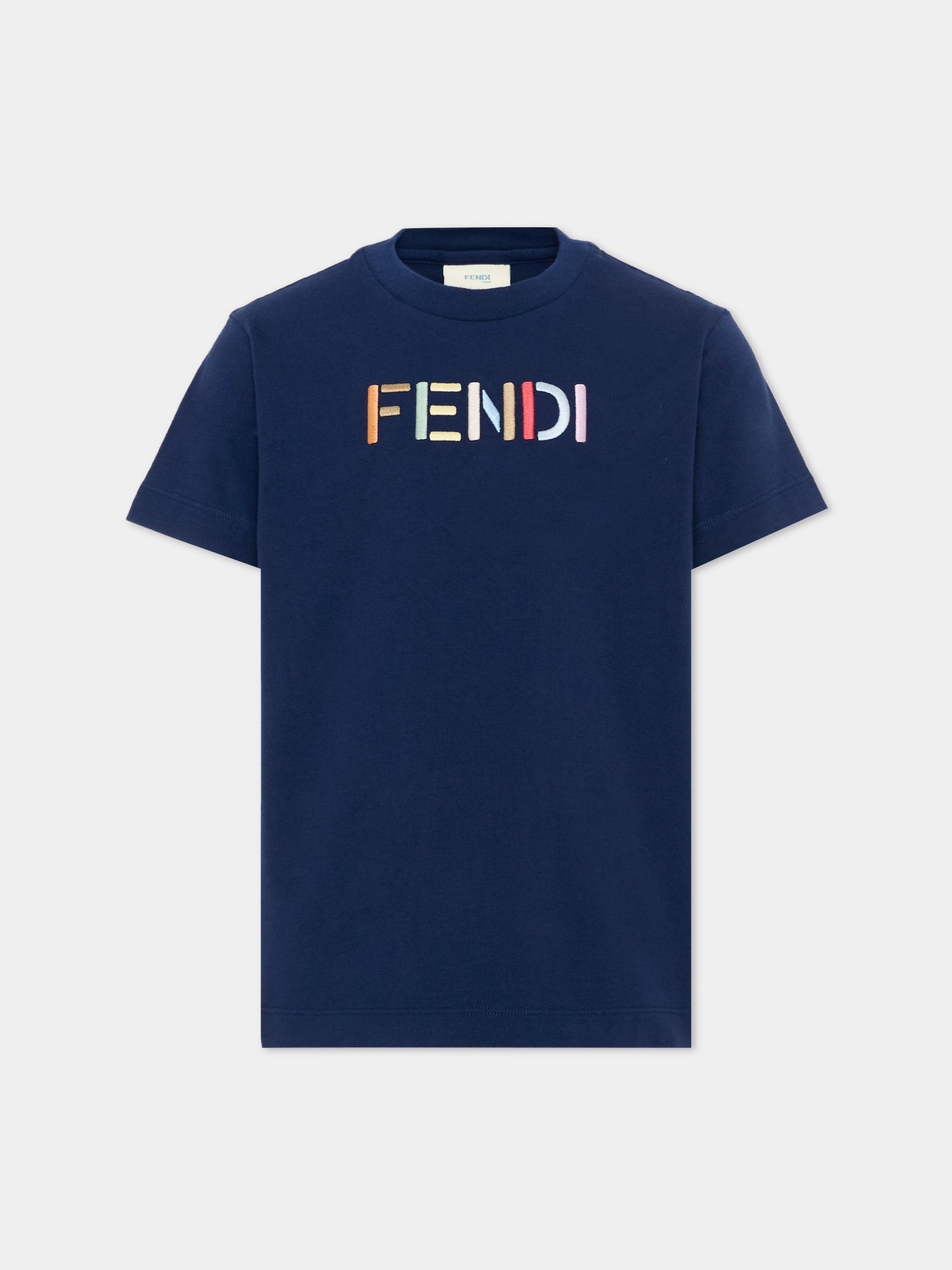 T-Shirt blu per bambino con logo,Fendi Kids,JUI208 AY8D F1I11