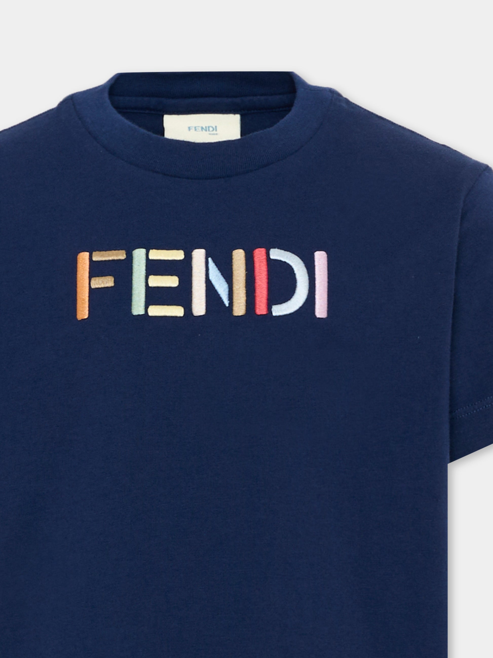 T-Shirt blu per bambino con logo,Fendi Kids,JUI208 AY8D F1I11