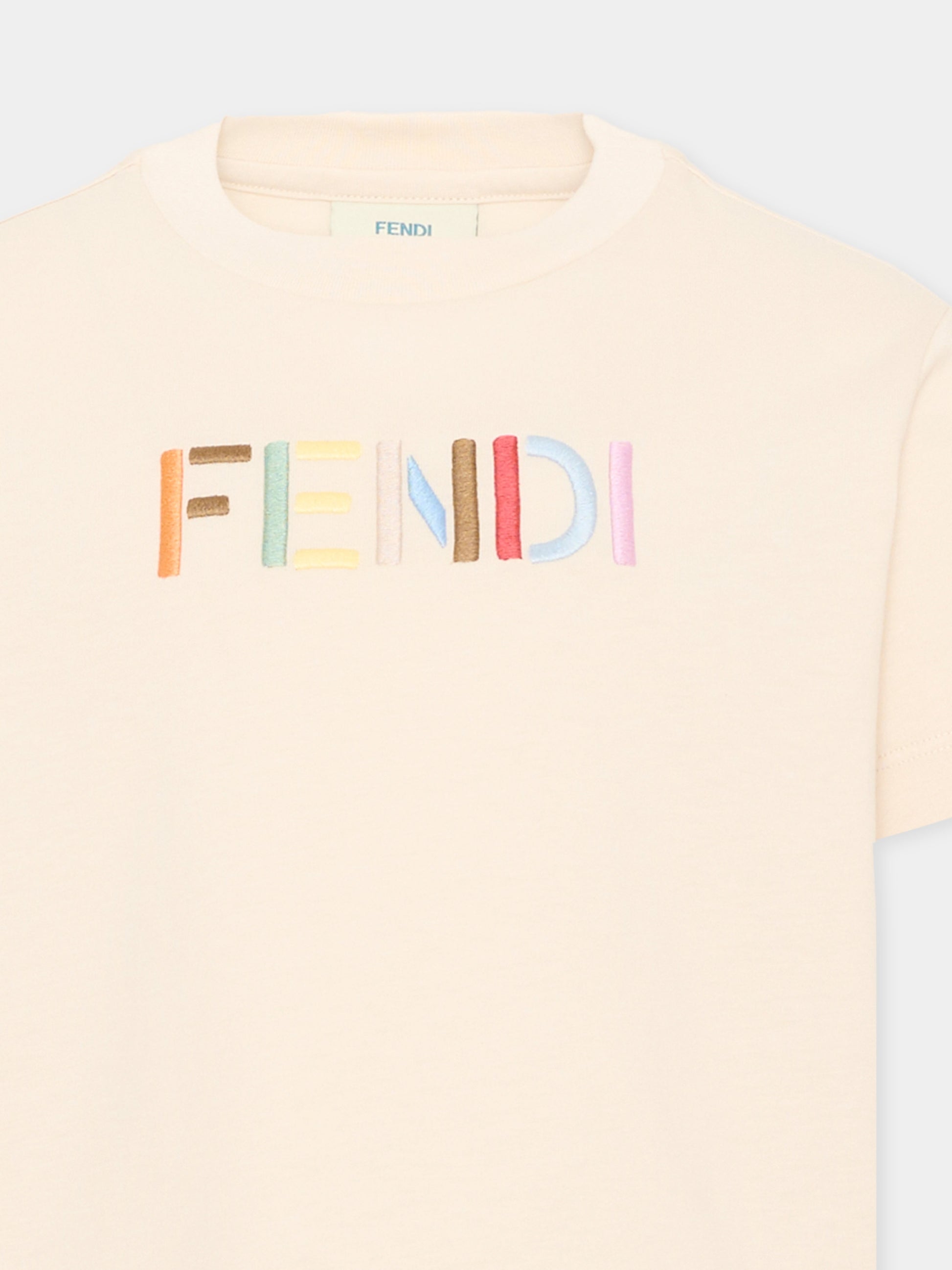 T-Shirt beige per bambini con logo,Fendi Kids,JUI208 AY8D F0XW5