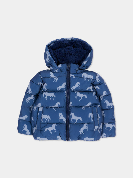 Piumino blu per neonato con cavalli,Stella Mccartney Kids,TZ2337 Z4032 657GR