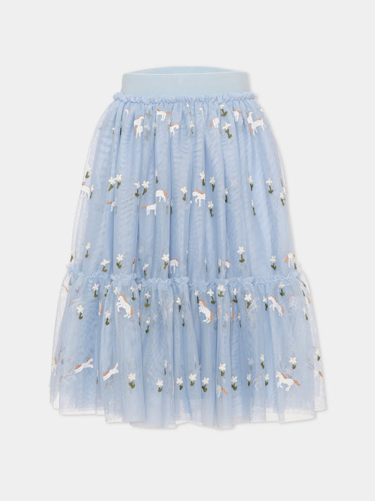Gonna azzurra per bambina ricamata,Stella Mccartney Kids,TZ7A74 Z3866 61EEM