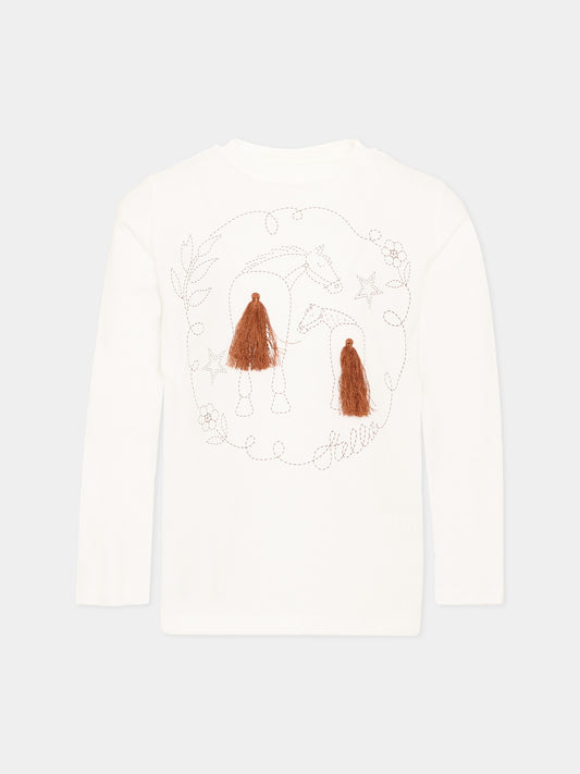 T-shirt a manica lunga avorio per bambina con cavalli,Stella Mccartney Kids,TZ8B50 Z3772 101