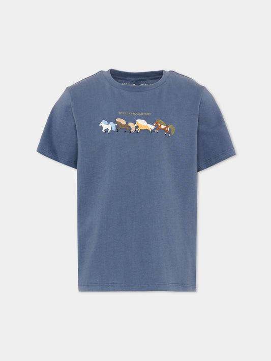 T-shirt blu per bambino con cavalli,Stella Mccartney Kids,TZ8P81 Z3772 657