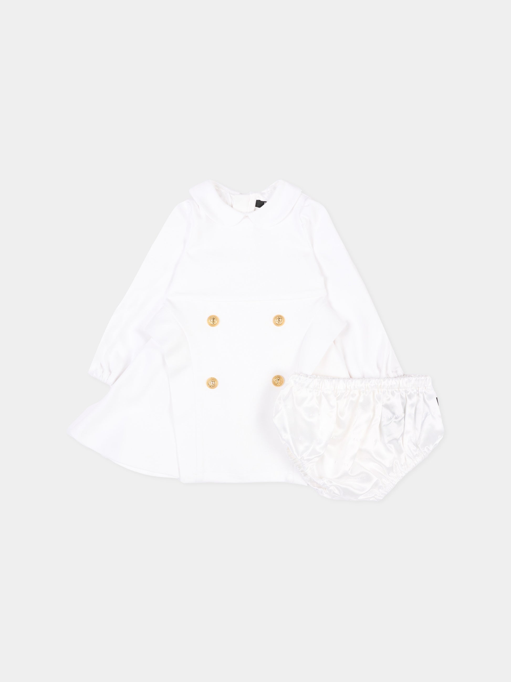 Abito bianco per neonata con bottoni oro,Balmain Kids,BZ1100 J0371 100OR