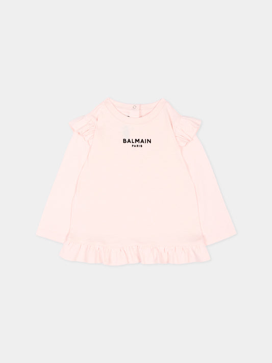 T-shirt a manica lunga rosa per neonata con logo,Balmain Kids,BZ8010 Z3672 508NE