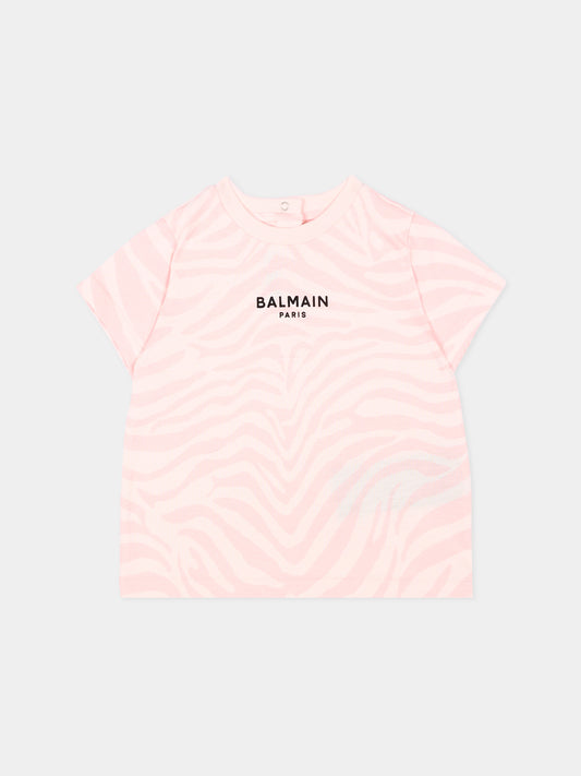 T-Shirt rosa per neonata con logo,Balmain Kids,BZ8041 Z4119 508RS