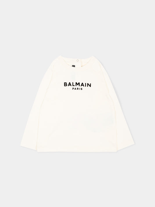 T-Shirt avorio per neonato con logo,Balmain Kids,BZ8310 Z3672 102NE