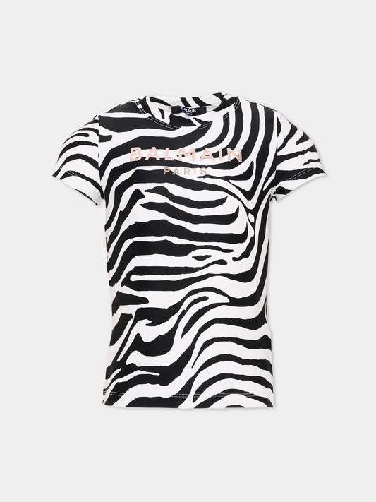 T-Shirt multicolor per bambina con stampa zebrata e logo,Balmain Kids,BZ8B21 Z4178 100NE