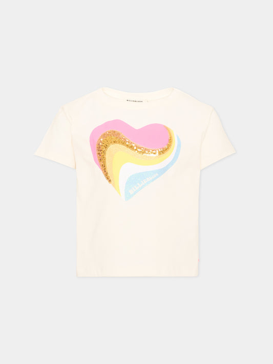 T-shirt avorio per bambina con cuore,Billieblush,U22370 121