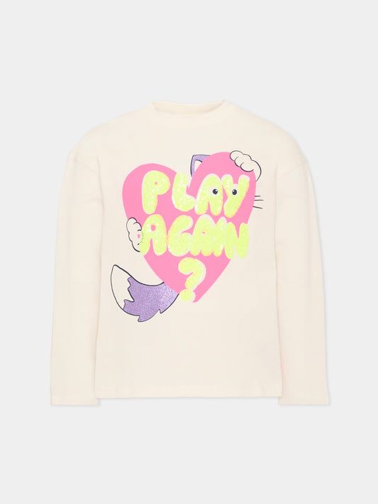 T-shirt a manica lunga avorio per bambina con cuore,Billieblush,U22379 121