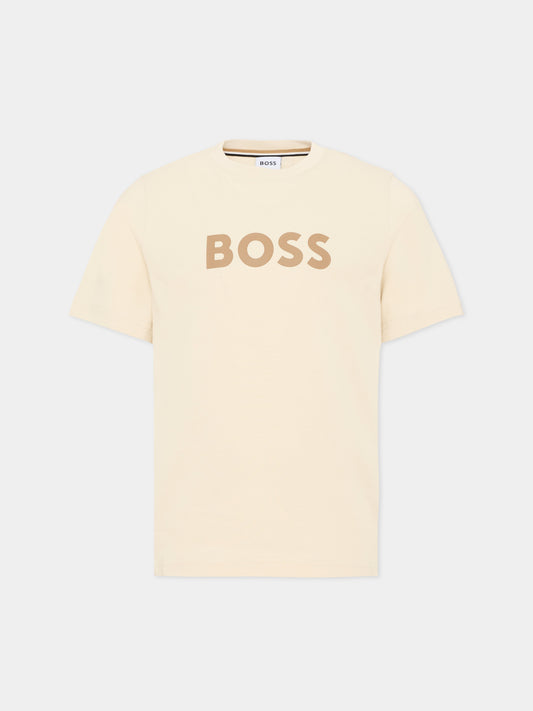 T-Shirt beige per bambino con logo,Boss,J52711 21C