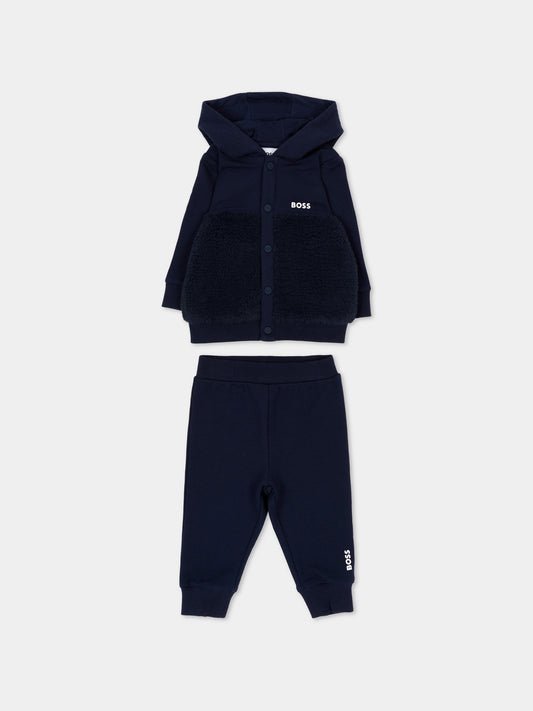 Completo sportivo lungo blu per neonato con logo,Boss,J53312 849