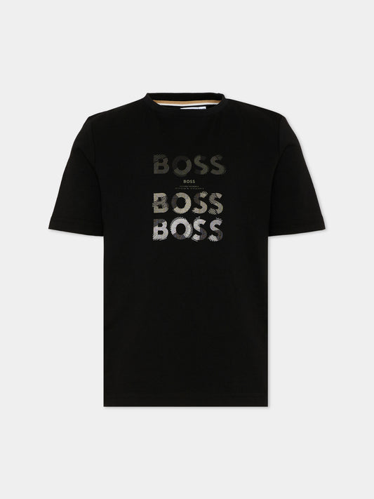 T-shirt nera per bambino con logo,Boss,J53410 09B