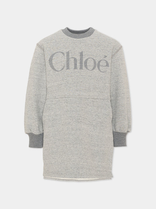 Vestito a manica lunga grigio con logo per bambina,Chloé Kids,C21244 M07