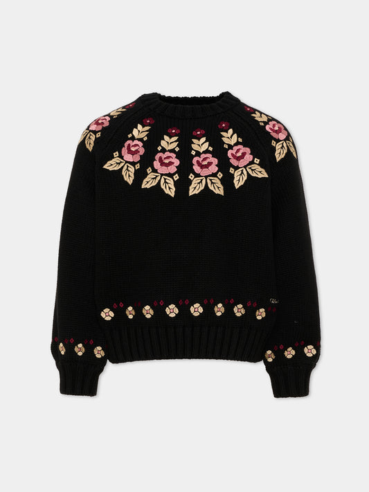 Maglione nero per bambina floreale,Chloé Kids,C21293 09B