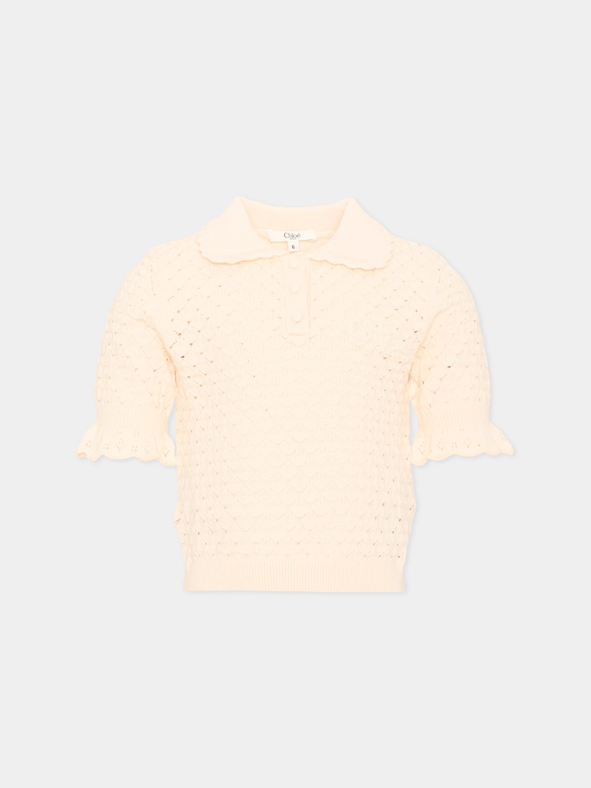 Polo a manica corta avorio traforata in maglia per bambina,Chloé Kids,C21296 148