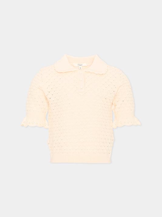 Polo a manica corta avorio traforata in maglia per bambina,Chloé Kids,C21296 148
