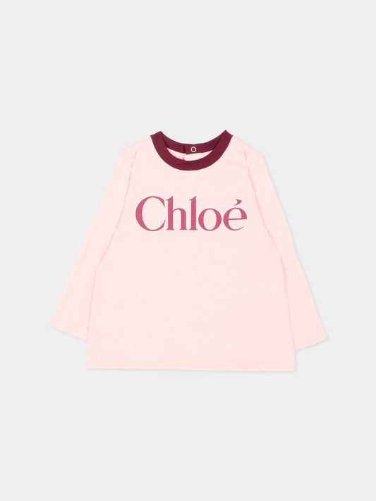 T-Shirt rosa per neonata con logo,Chloé Kids,C21362 461