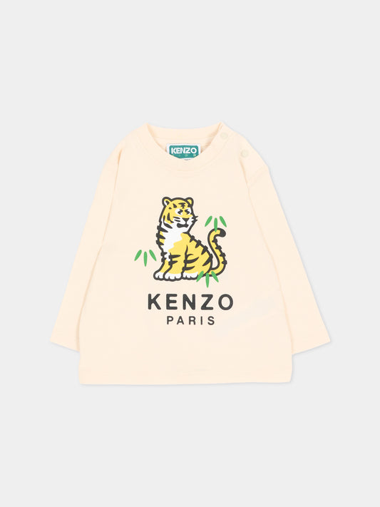 T-shirt a manica lunga avorio per neonato con tigre,Kenzo Kids,K62111 21G