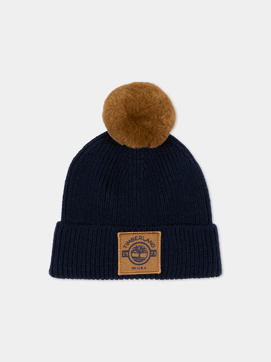 Berretto blu per neonato con pompon,Timberland,T61095 849