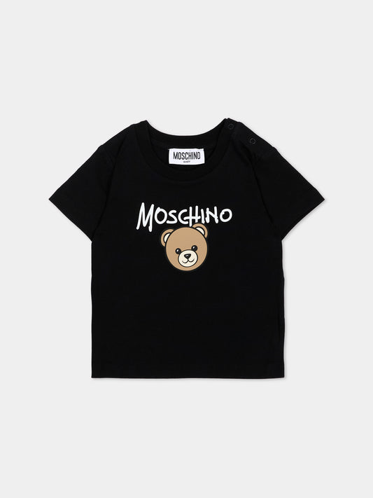 T-Shirt nera per neonati con Teddy Bear,Moschino Kids,M6M047 LAA34 60100