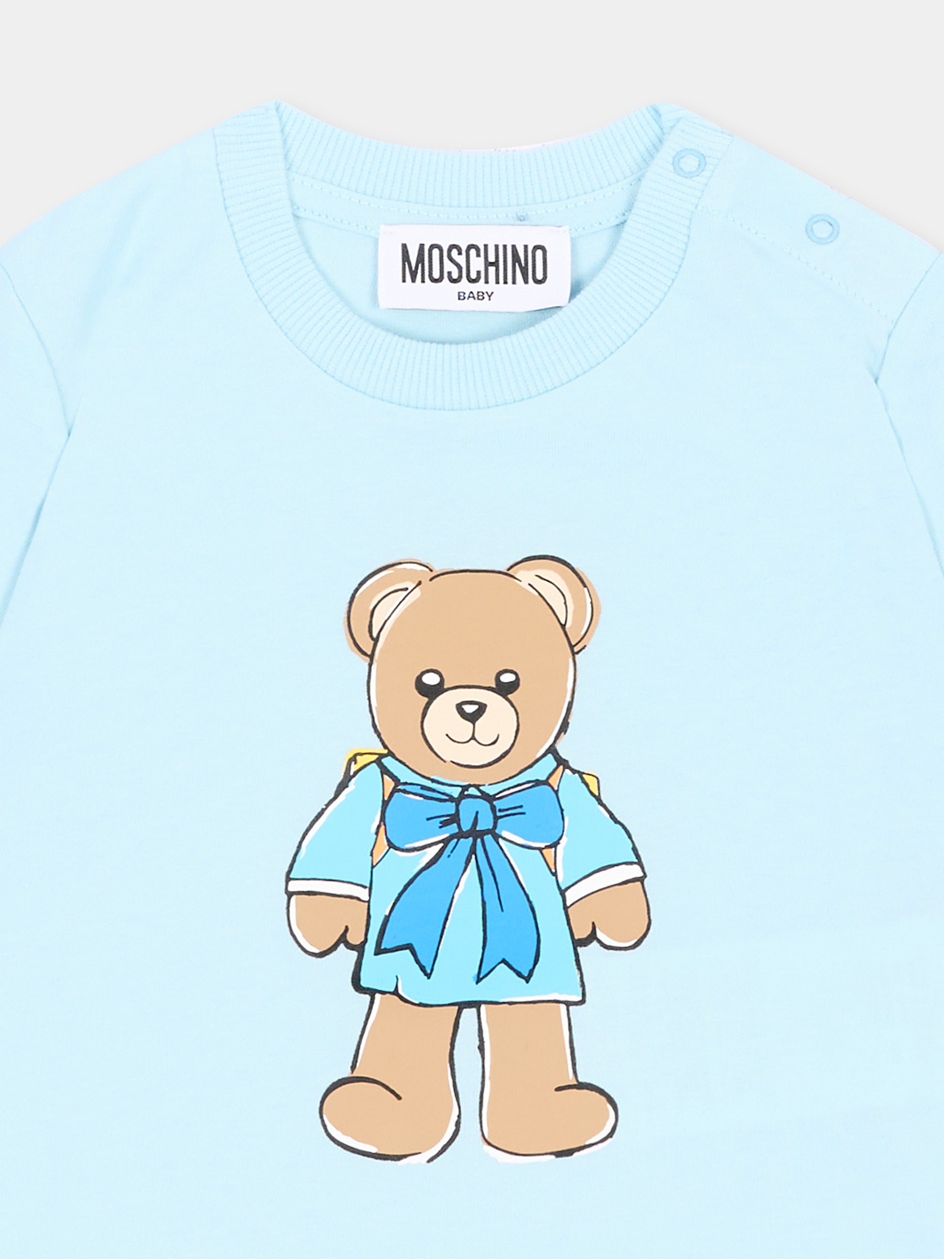 T-shirt a manica corta celeste per neonato con teddy bear,Moschino Kids,M7M047 LAA10 40304