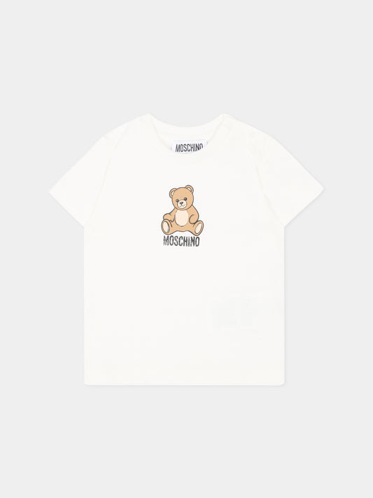 T-Shirt avorio per neonati con Teddy Bear,Moschino Kids,M9M047 LAA10 10063