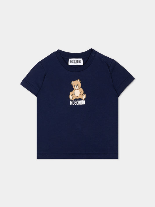 T-Shirt blu per neonati con Teddy Bear,Moschino Kids,M9M047 LAA10 40016