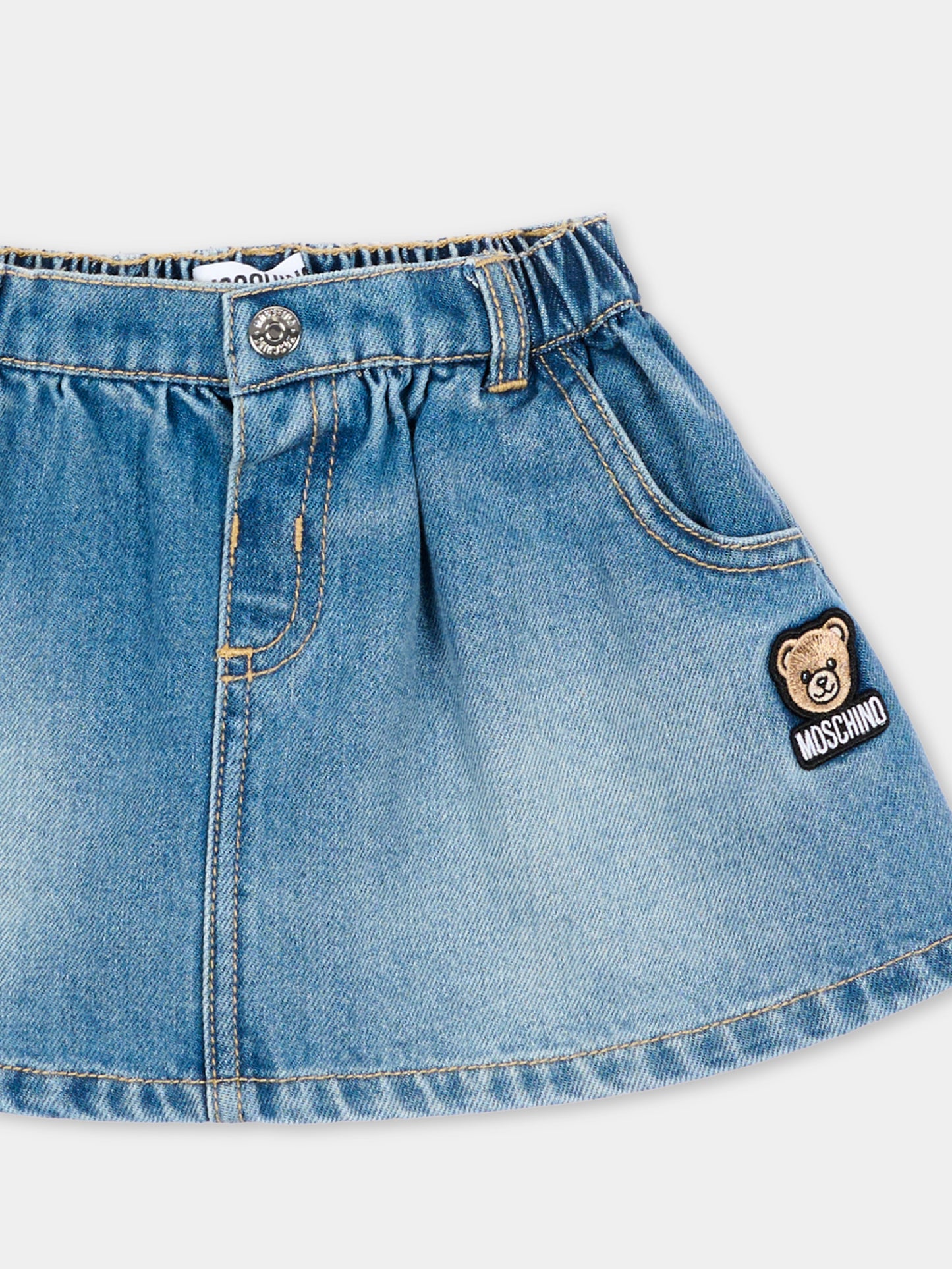 Gonna denim blu per neonata con patch,Moschino Kids,MDJ01P L0E36 41040