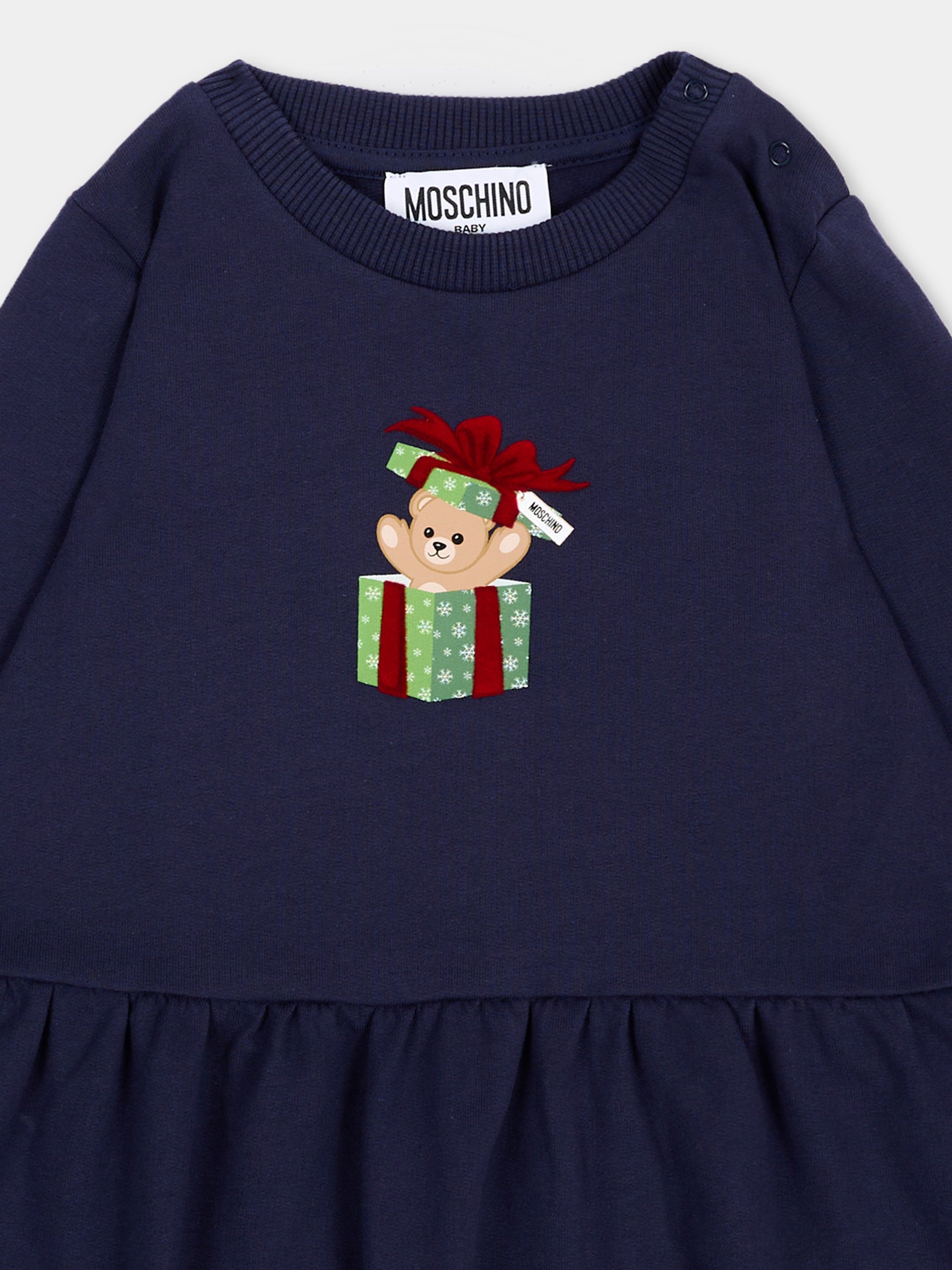 Vestito blu per neonata con Teddy Bear,Moschino Kids,MDV0DO LCA61 40016