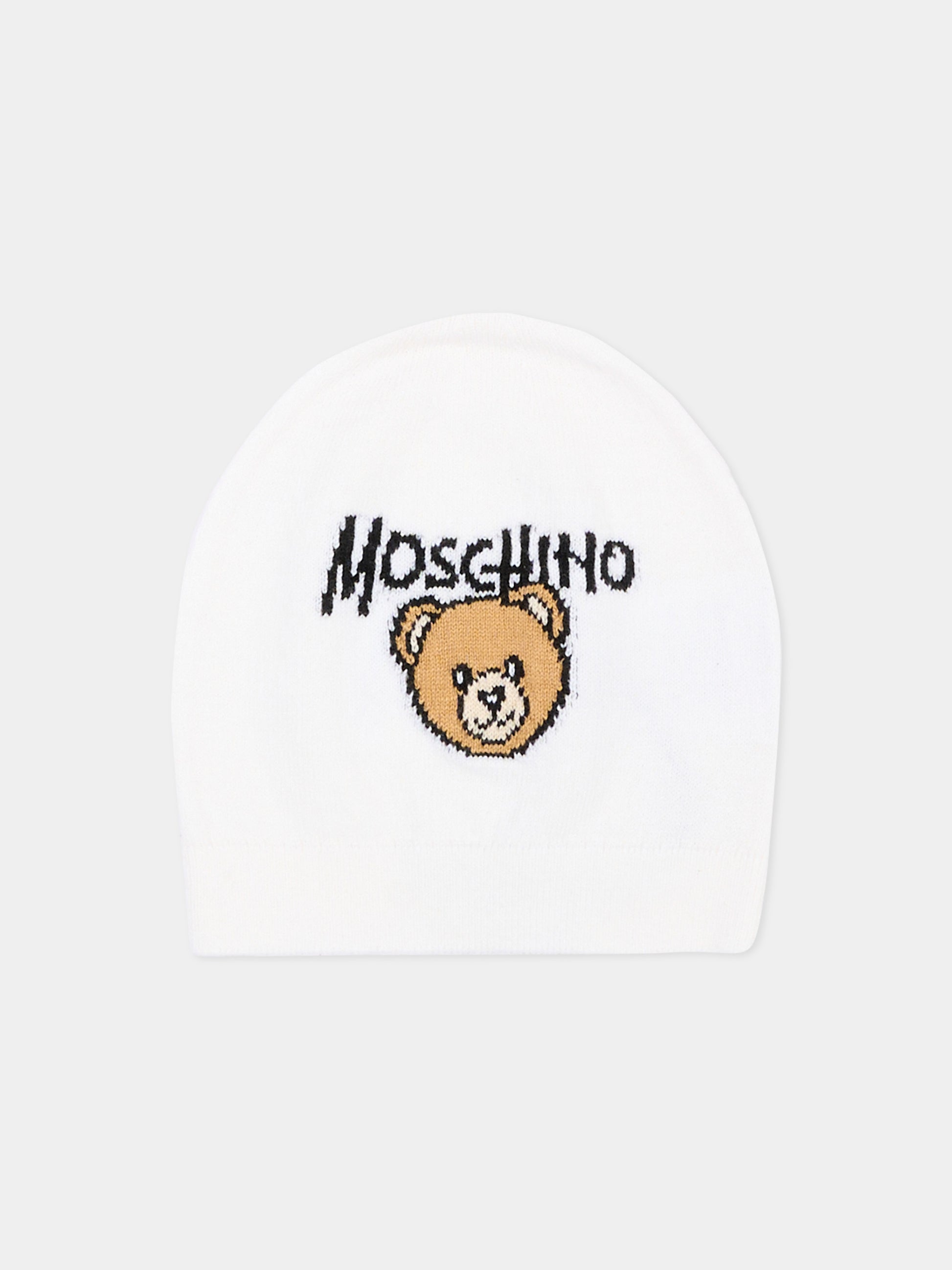 Berretto bianco per neonati con Teddy Bear,Moschino Kids,MMX05K LHE43 10101