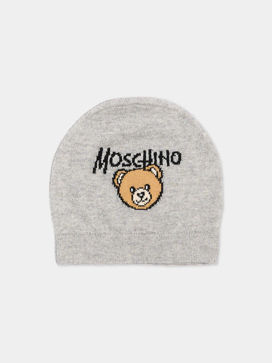 Berretto grigio per neonati con Teddy Bear,Moschino Kids,MMX05K LHE43 60901