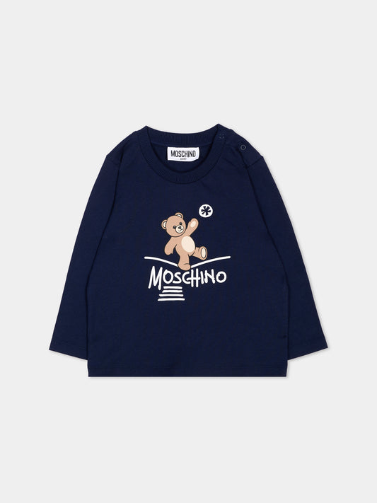 T-Shirt blu per neonati con Teddy Bear,Moschino Kids,MOO014 LAA20 40016