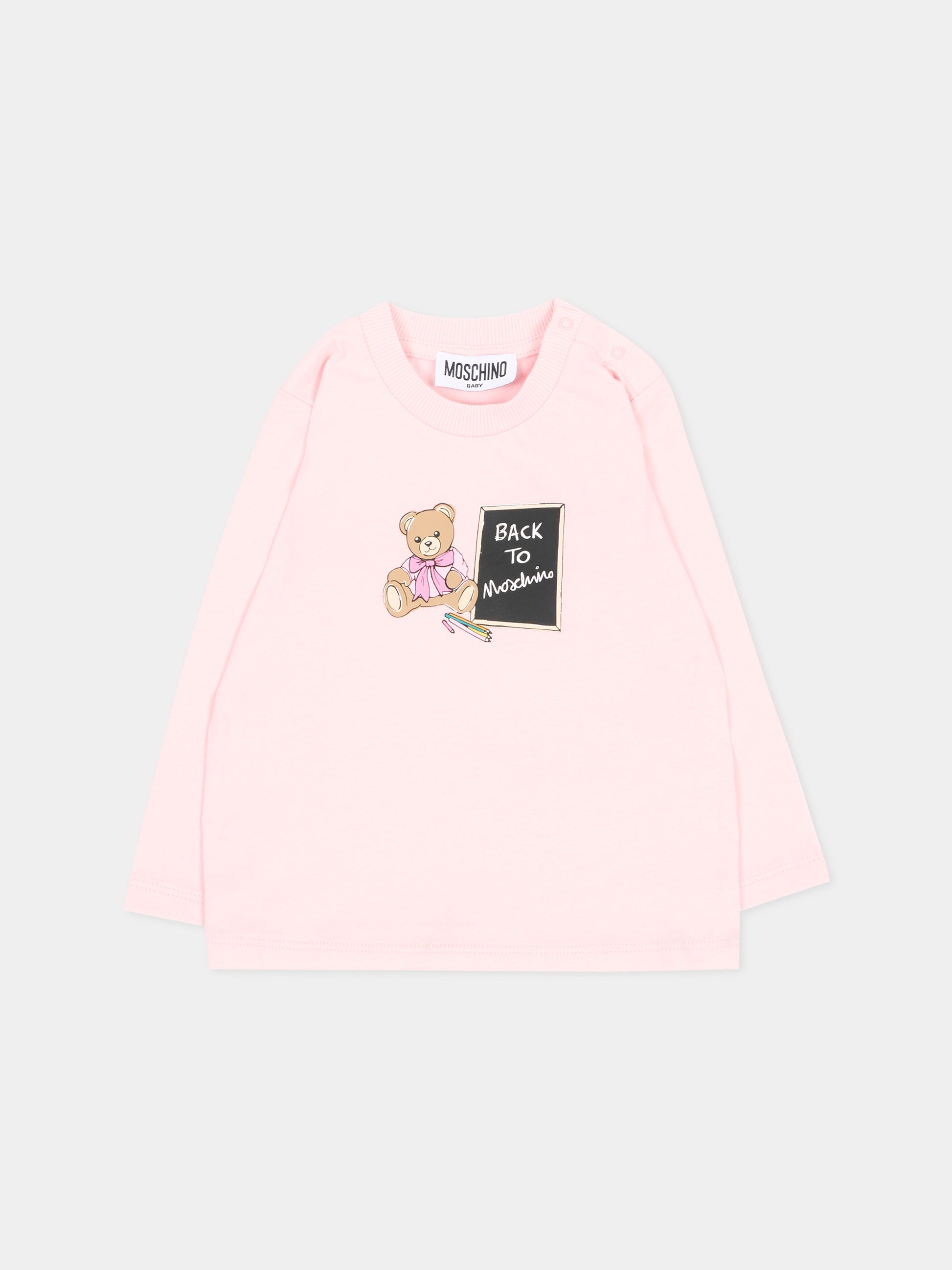 T-shirt a manica lunga rosa per neonata con teddy bear,Moschino Kids,MQO014 LAA10 50209