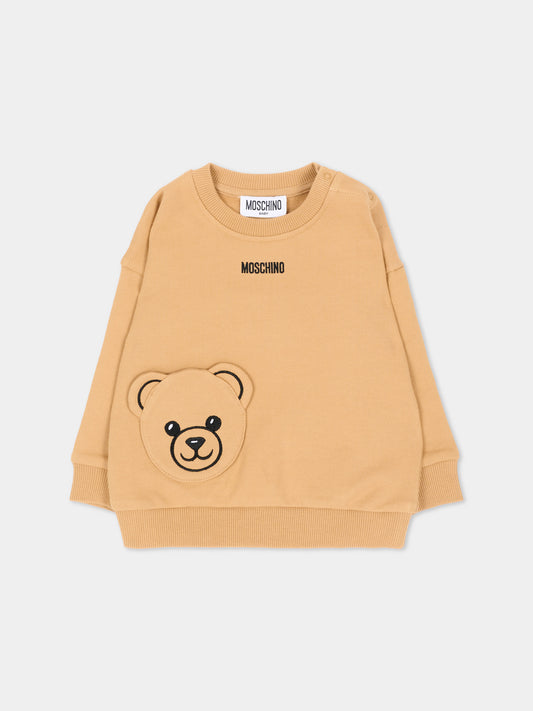 Felpa girocollo beige per neonati con Teddy Bear,Moschino Kids,MUF06F LCA93 20351