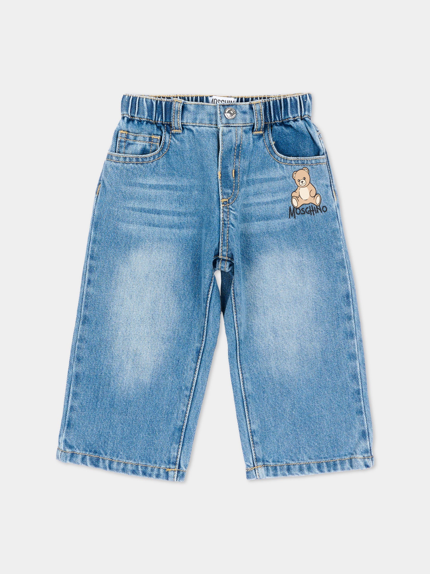 Jeans denim per neonato con teddy bear,Moschino Kids,MUP05Z L0E36 41040