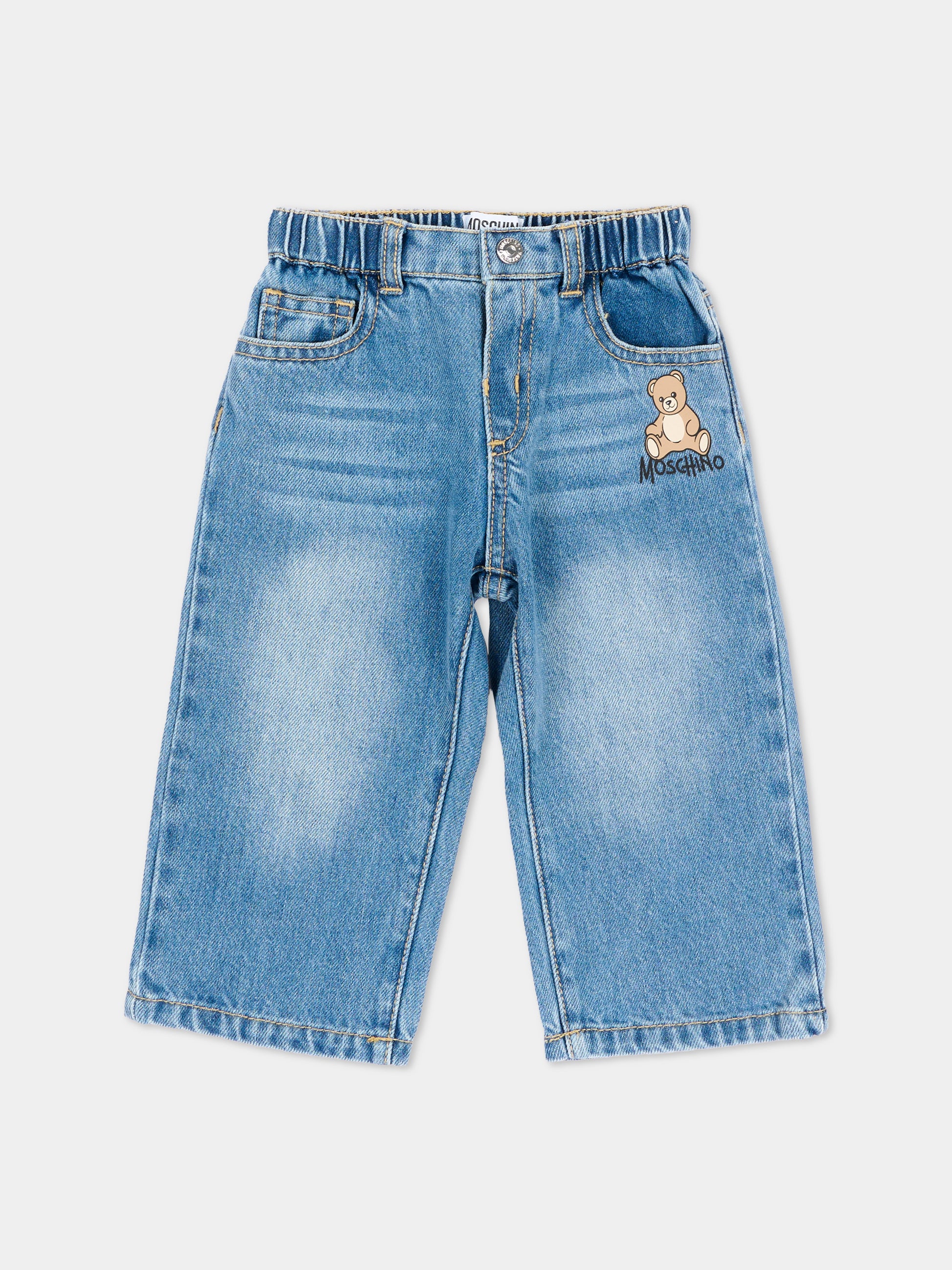 Jeans denim per neonato con teddy bear,Moschino Kids,MUP05Z L0E36 41040