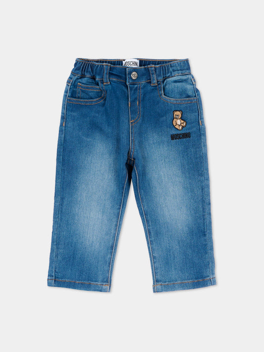 Jeans blu per neonati con teddy bear,Moschino Kids,MUP065 LXE43 40332