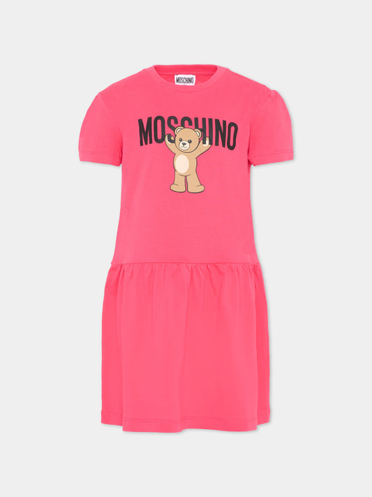 Vestito fucsia per bambina con Teddy Bear,Moschino Kids,HDV0H9 LAA10 50541