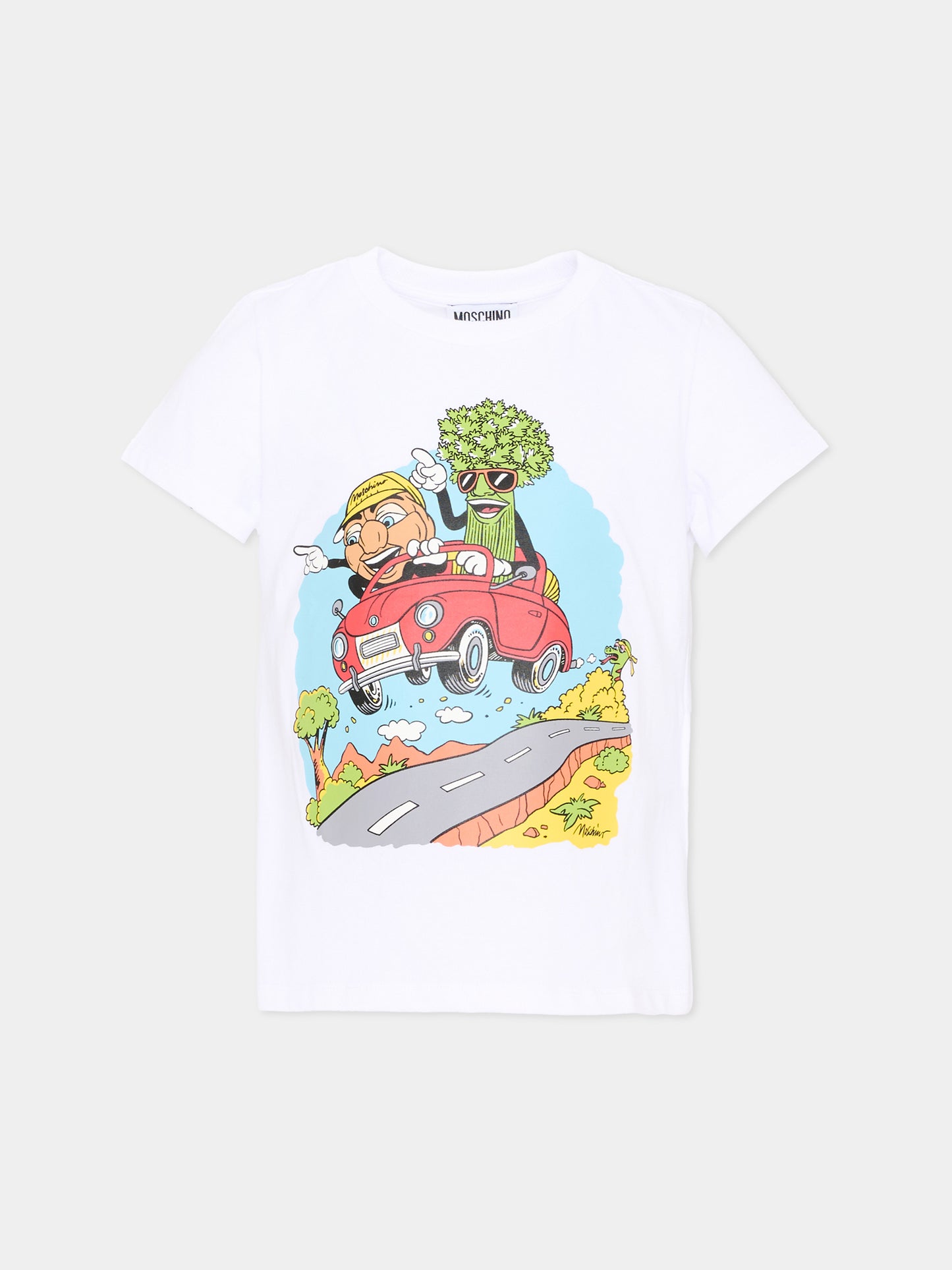 T-Shirt bianca per bambino con stampa cartoon e logo,Moschino Kids,HAM06V LAA10 10101