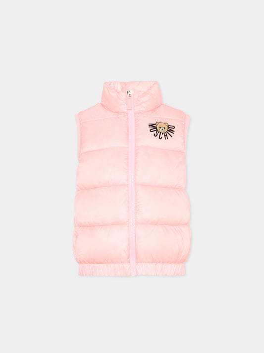 Gilet rosa per bambina con logo e Teddy Bear,Moschino Kids,HQS02K L3A32 50209