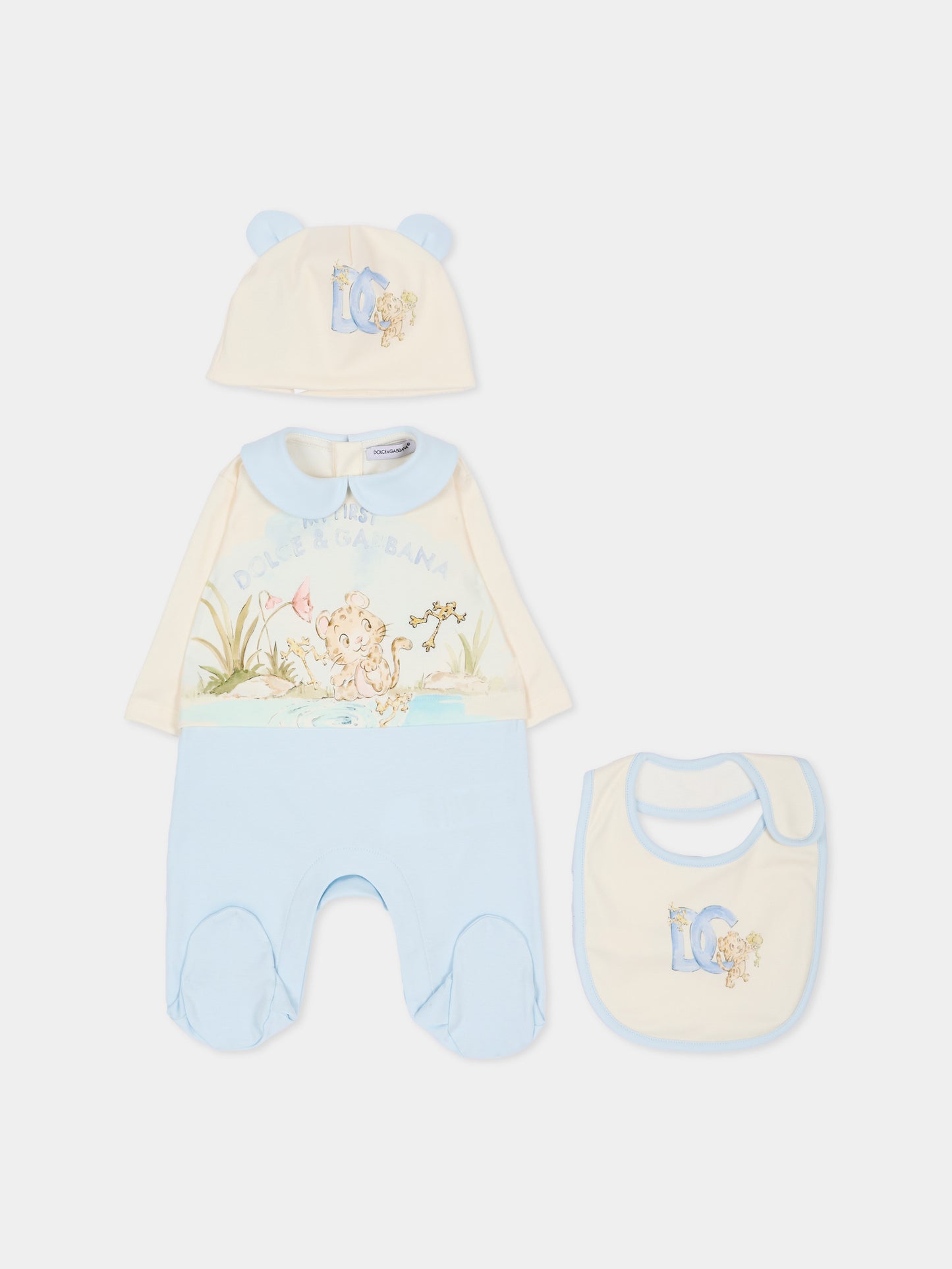 Set tutina celeste per neonato con stampa,Dolce & Gabbana Kids,L1JOCT G7P8S S9000