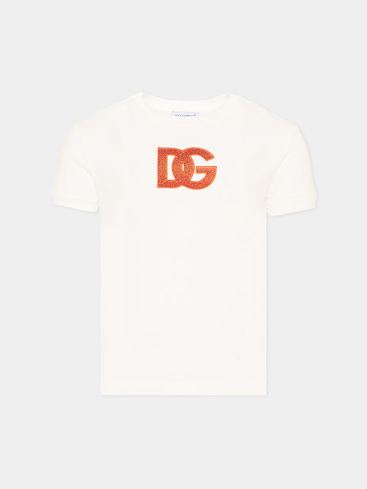 T-shirt avorio per bambina con logo,Dolce & Gabbana Kids,L5JTNJ G7P4E W0111
