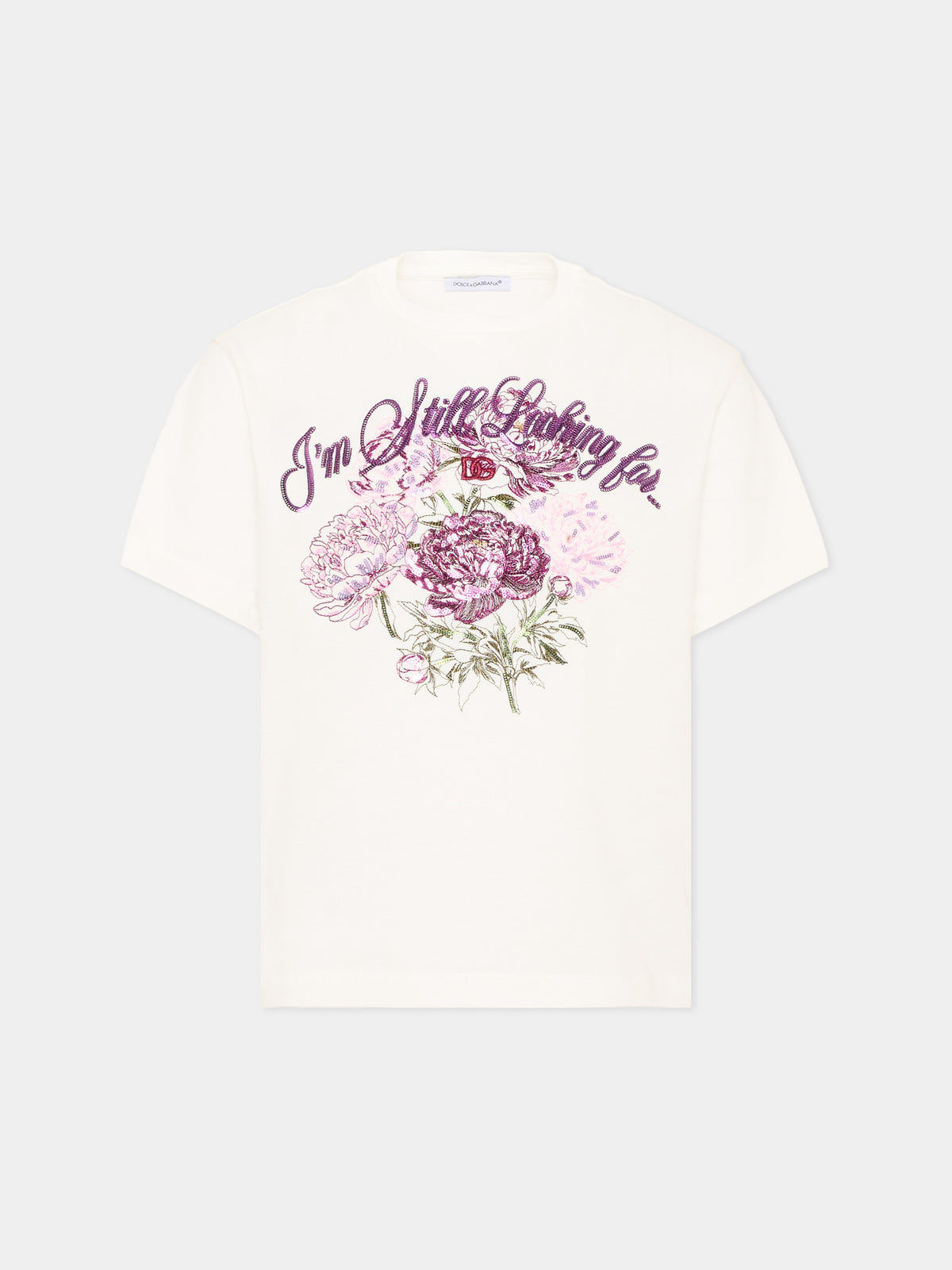 T-shirt avorio per bambina con stampa floreale,Dolce & Gabbana Kids,L5JTNM G7QUW W0111