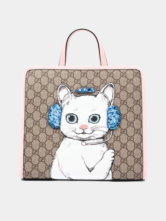 Borsa Shopping beige per bambina con gatto