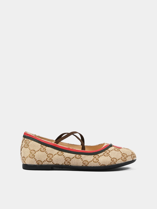 Ballerine beige per bambina con Jacquard GG