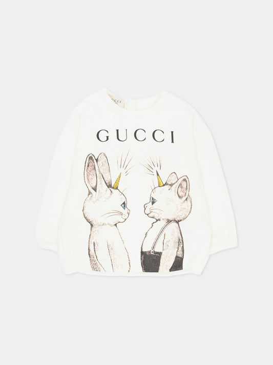 Felpa girocollo avorio per neonata con stampa,Gucci Kids,767900 XJHZB 9214
