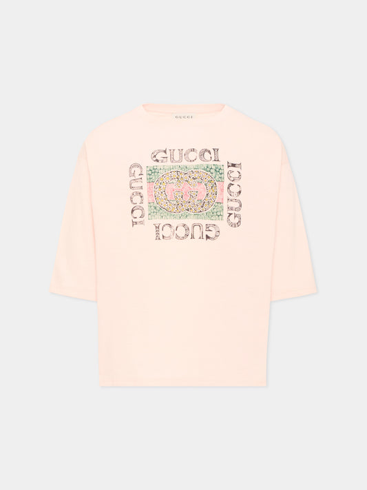 T-shirt a manica lunga rosa per bambina logo